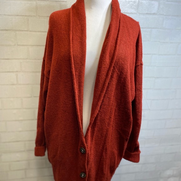 Free People Eucalyptus Wool Blend Cardigan Brick Red Heather XS OVERSIZED - Picture 4 of 16
